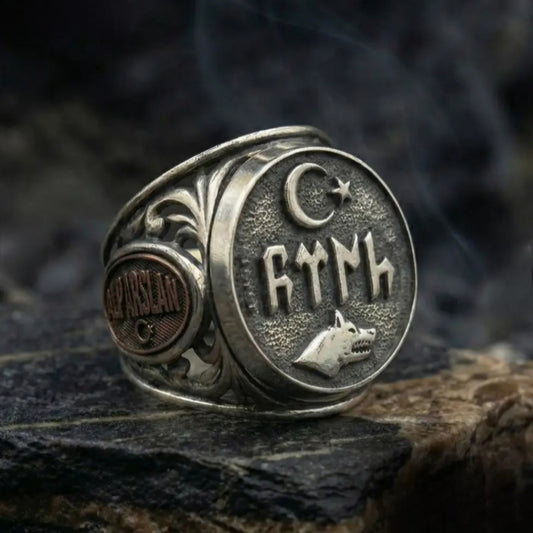 Gokturk Turk Ring 925 Silver Crescent Wolf Handmade