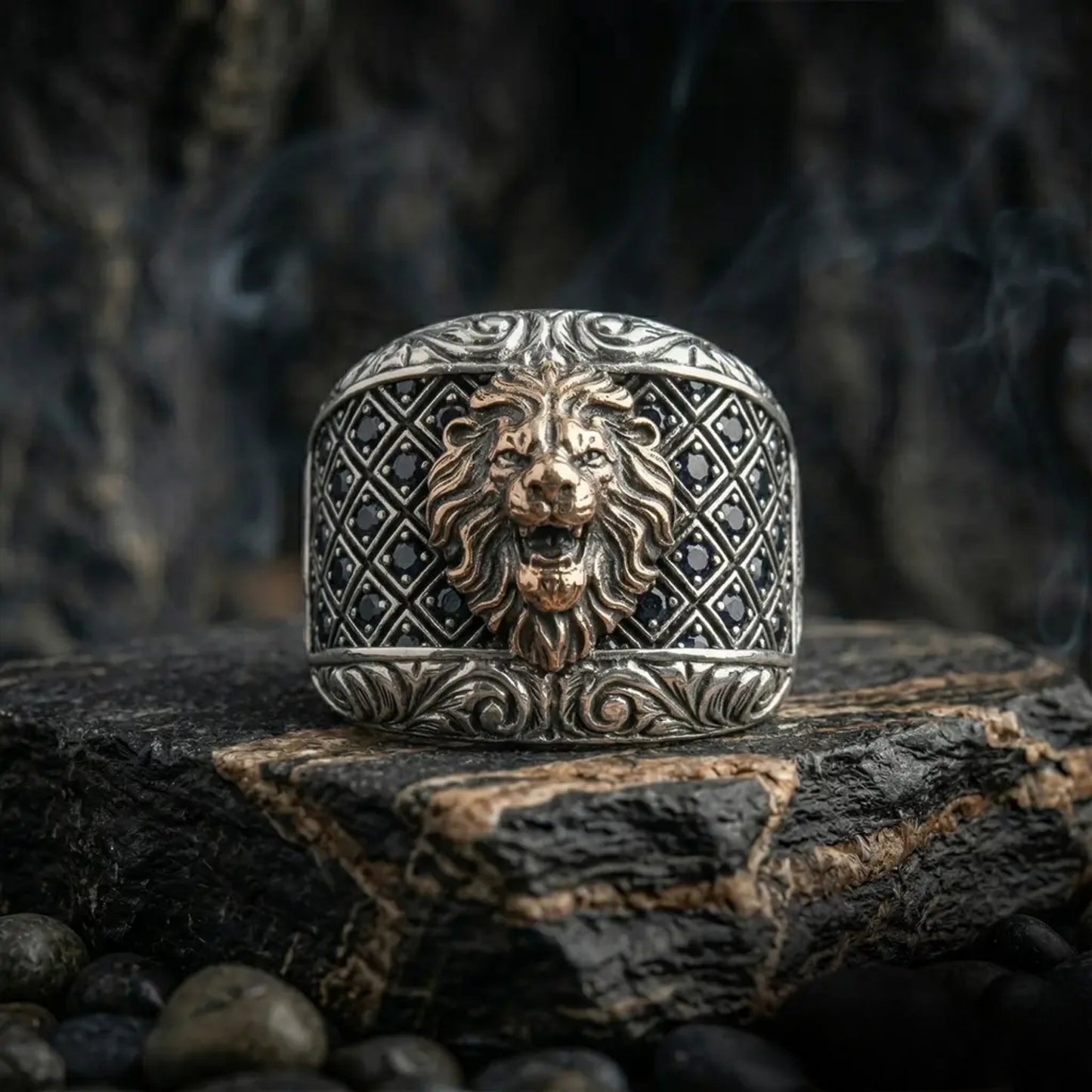 Lion Signet Ring for Men in 925 Sterling Silver with Black Zircon Stone Details