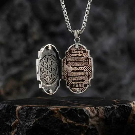 Islamic Silver Locket Necklace 925 Sterling Silver King Chain Men's Medallion