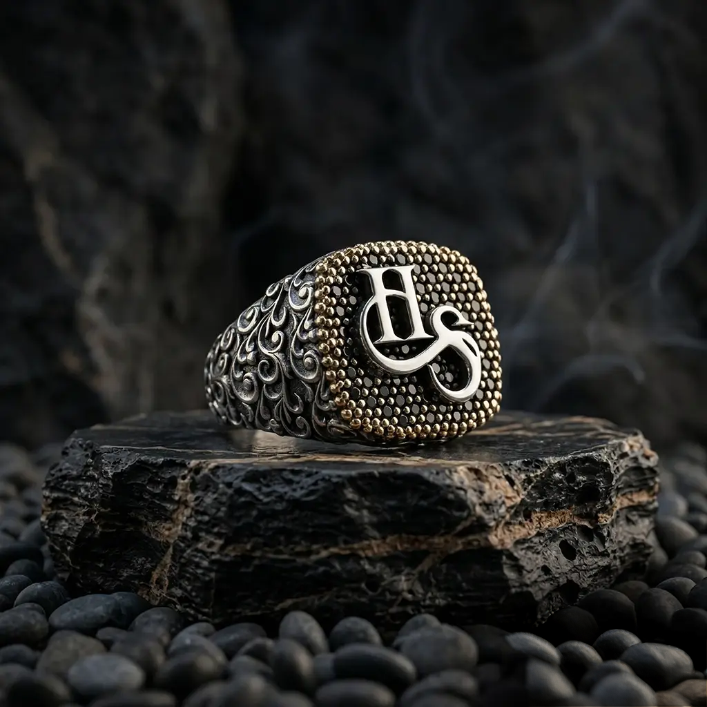 Personalized Letter Engraved 925 Sterling Silver Ring Black Zircon Handcrafted
