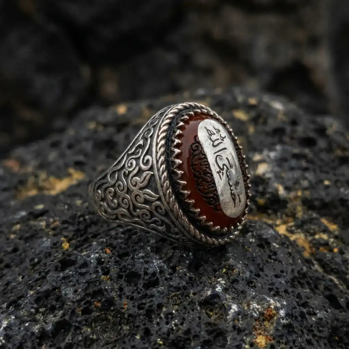 Hasbunallah Red Agate Men's Ring – 925 Sterling Silver Islamic Jewelry