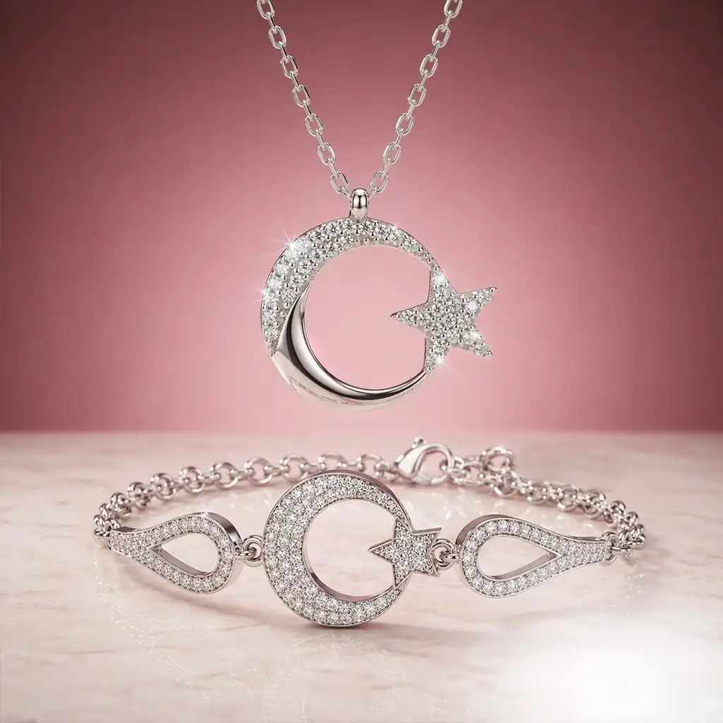 925 Sterling Silver Moon Star Women’s Necklace and Bracelet Set