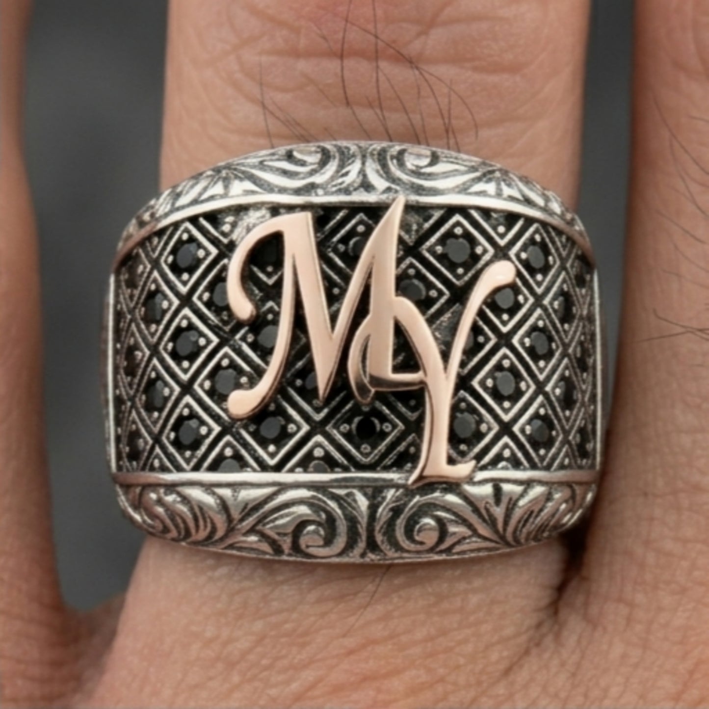 Rose Letter Detail Black Zircon Men’s Silver Ring