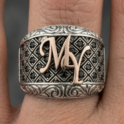 Rose Letter Detail Black Zircon Men’s Silver Ring
