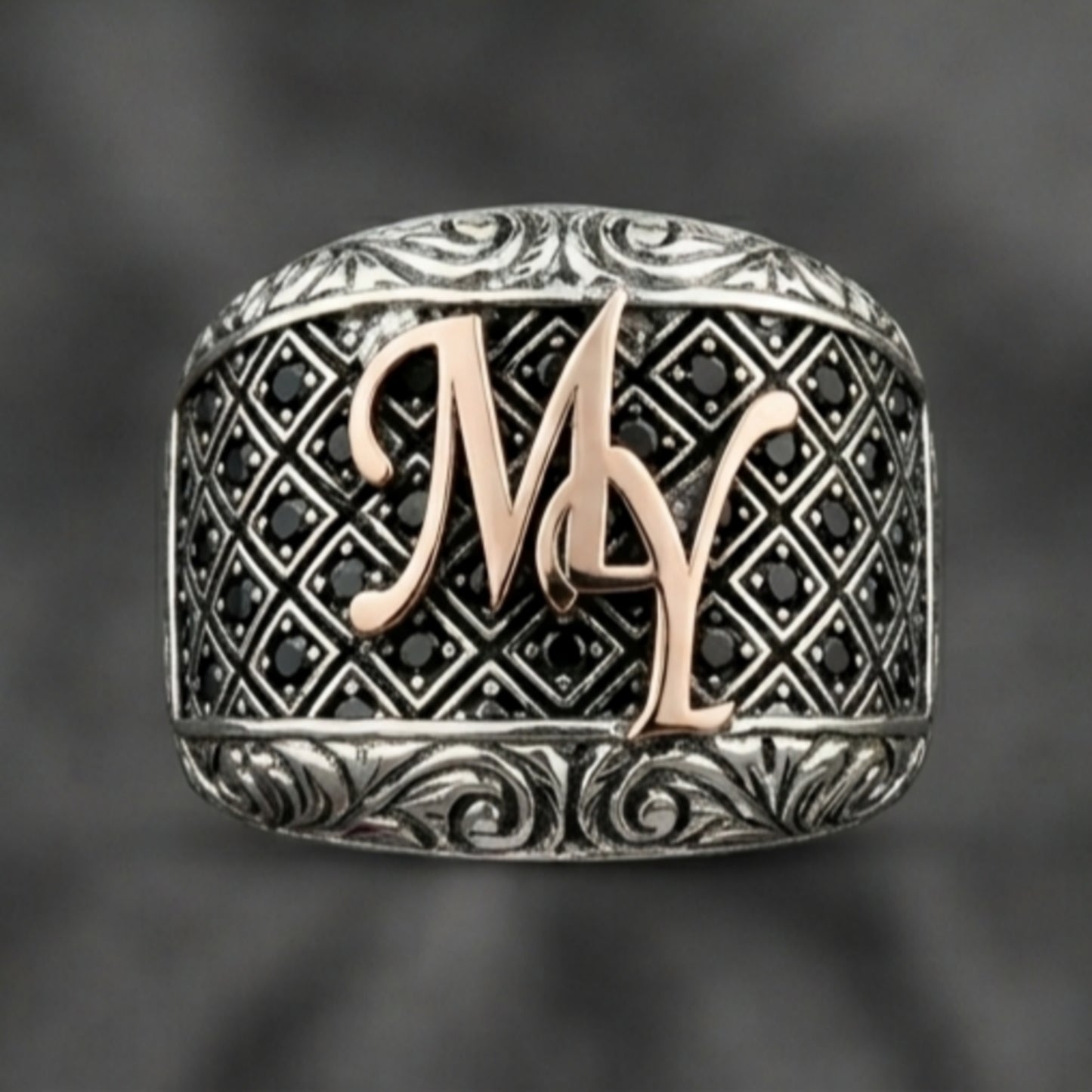 Rose Letter Detail Black Zircon Men’s Silver Ring