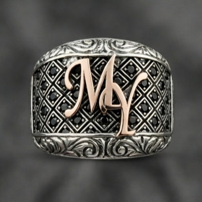 Rose Letter Detail Black Zircon Men’s Silver Ring