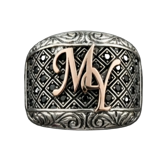 Rose Initial Ring 925 Silver Black Zircon Handmade Men