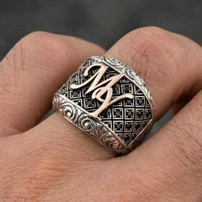 Rose Letter Detail Black Zircon Men’s Silver Ring