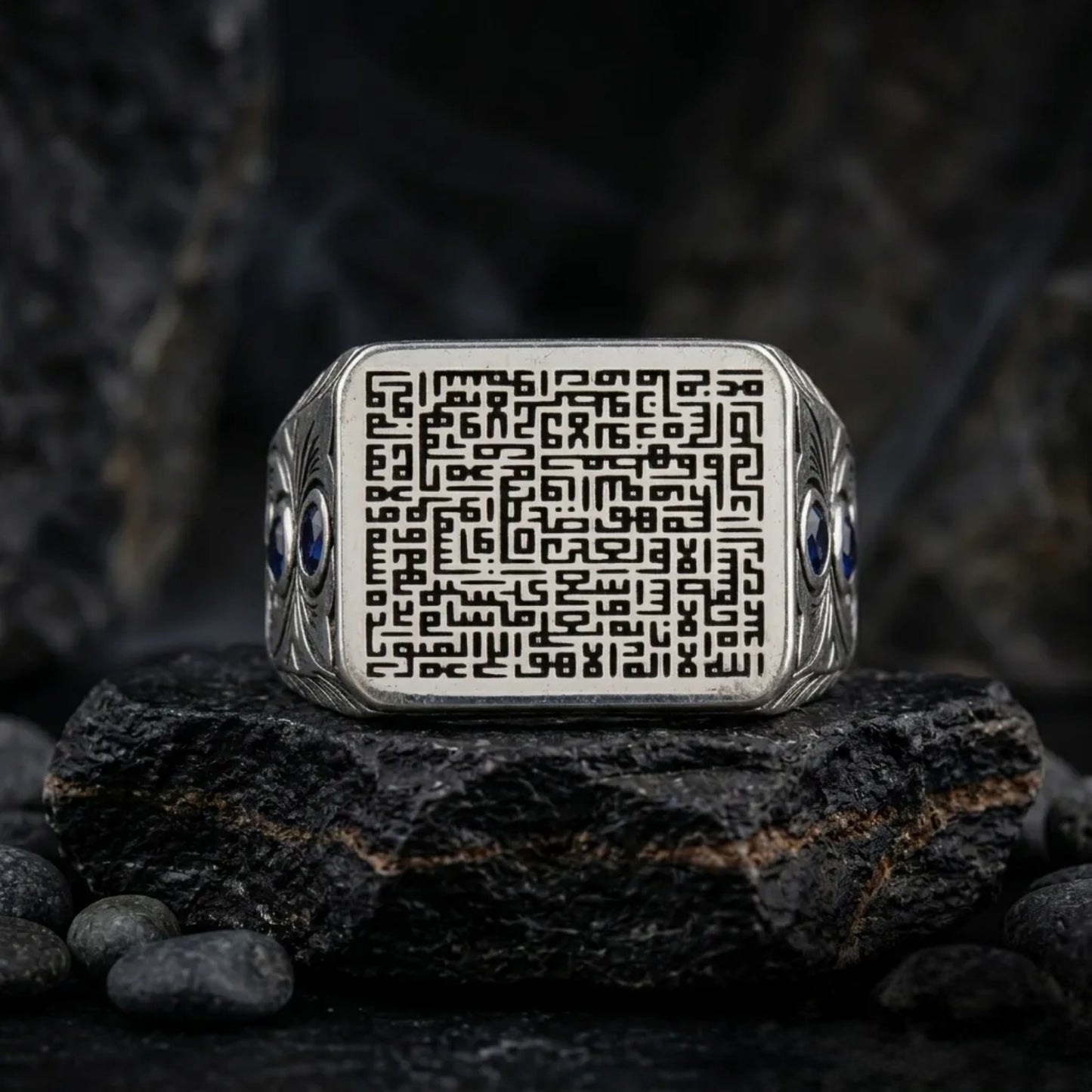 Kufi Ayatul Kursi Ring 925 Silver Blue Stone Ottoman Handmade