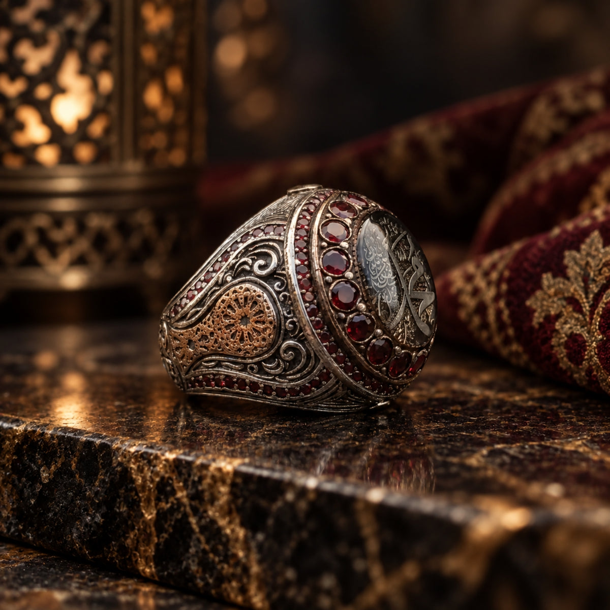 Personalized Islamic Garnet Ring – 925 Sterling Silver Arabic Calligraphy