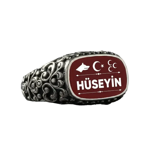 Wolf Crescent Star Ring 925 Silver Custom Name Handmade Men