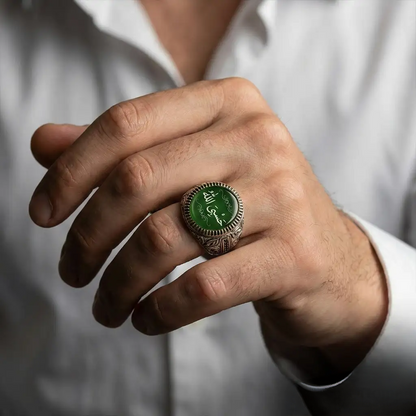 Hasbi Allah Green Amber Silver Ring