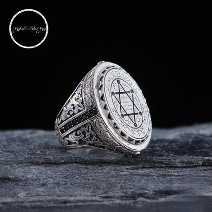 Seal of Solomon men's ring with black zircon in 925 sterling silver