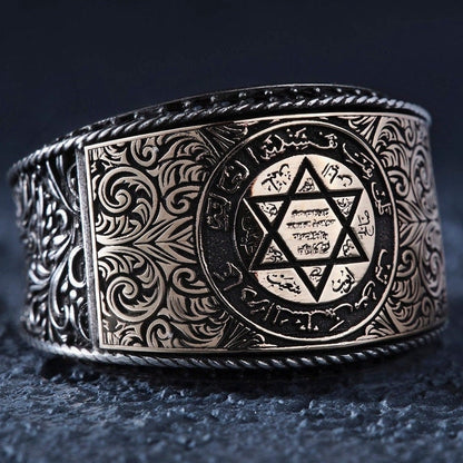 Seal of Solomon ring with Ottoman motifs and black zircon in 925 sterling silver