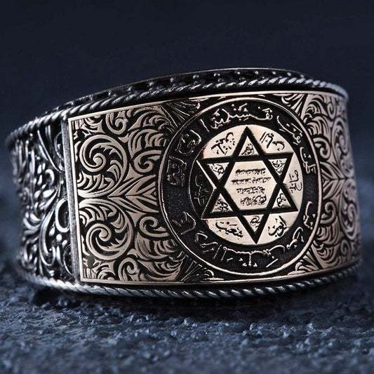 Seal of Solomon ring with Ottoman motifs and black zircon in 925 sterling silver