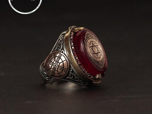 Seal of Solomon red fire amber ring in 925 sterling silver