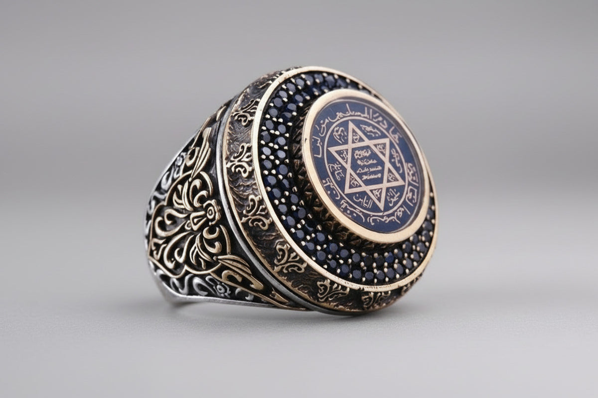 Seal of Solomon Ring Blue Amber in 925 sterling silver