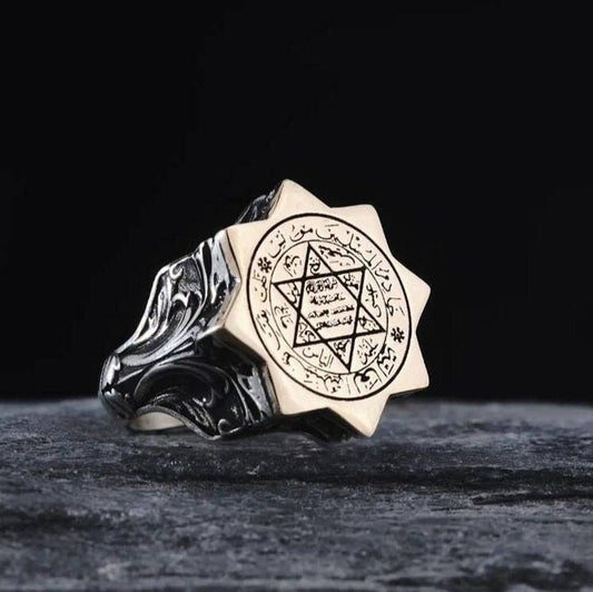 Seal of Solomon ring with carved red amber in 925 sterling silver