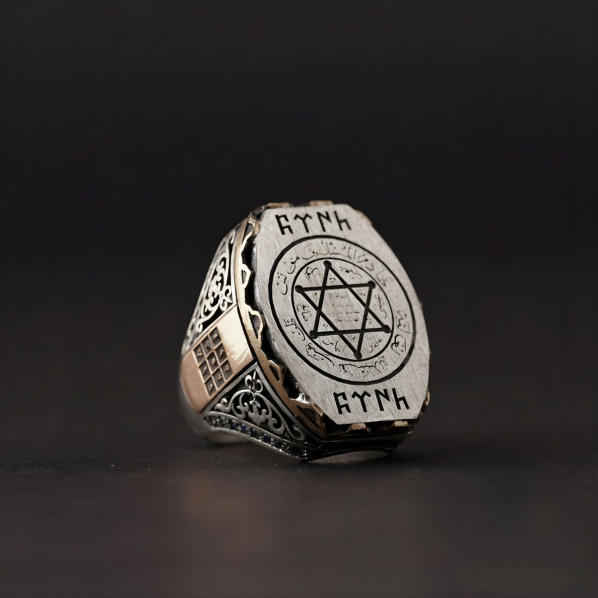 Seal of Solomon Ring, Gökturk Script & Red Zircon in 925 sterling silver