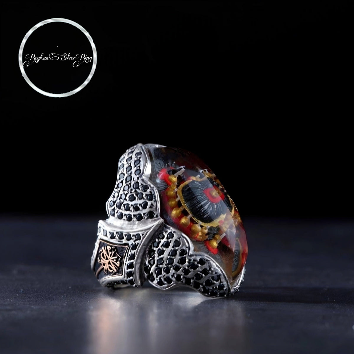Selimiye Mosque carved ring with onyx in 925 sterling silver