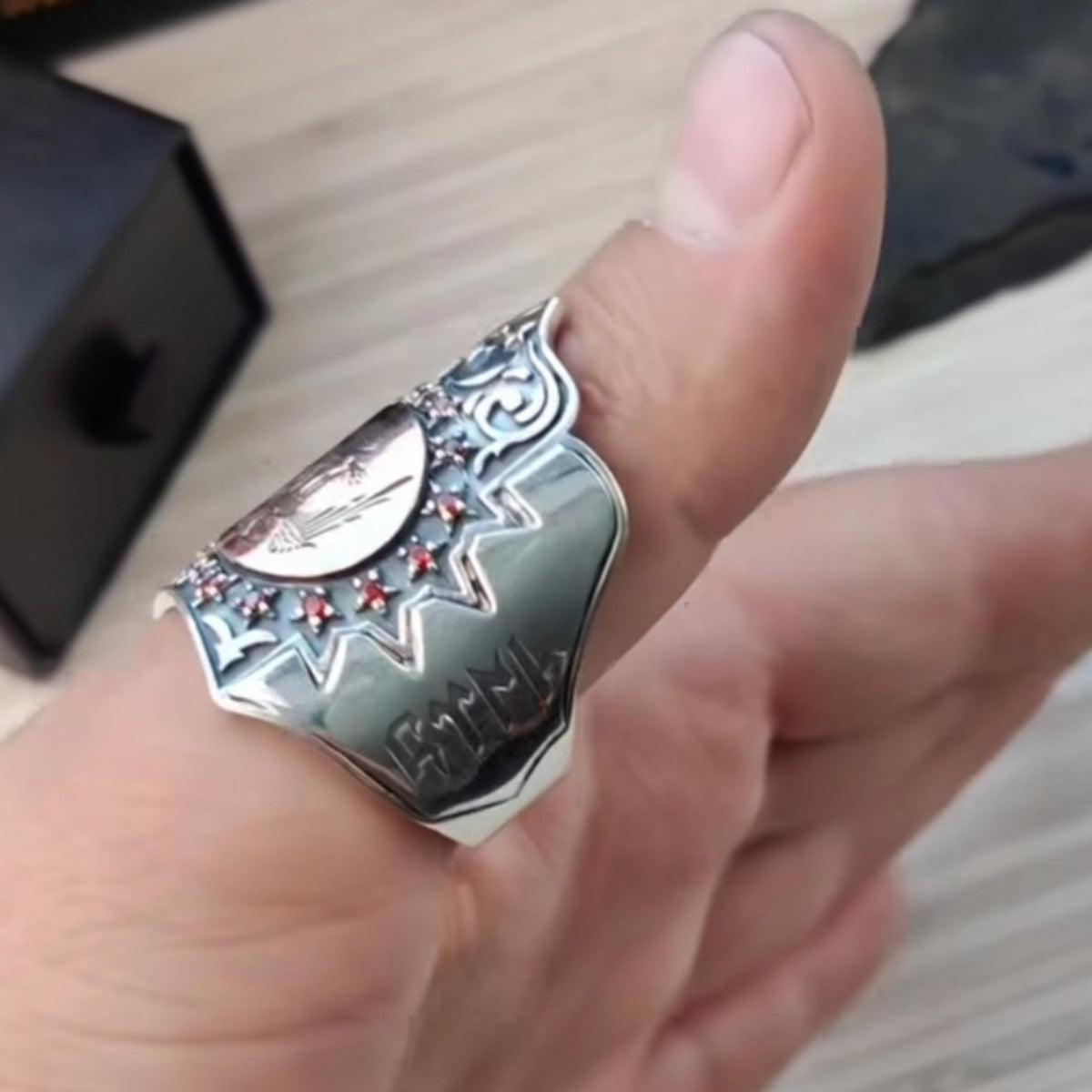 Seljuk double-headed eagle zihgir archer ring with red zircon in 925 sterling silver