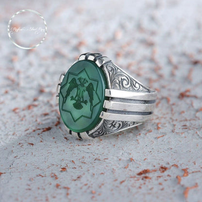 Seljuk motif engraved agate ring in 925 sterling silver