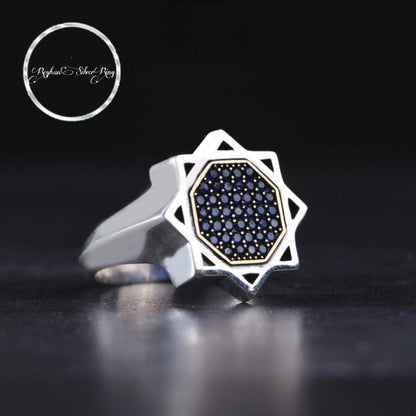 Seljuk star ring with navy micro stones in 925 sterling silver