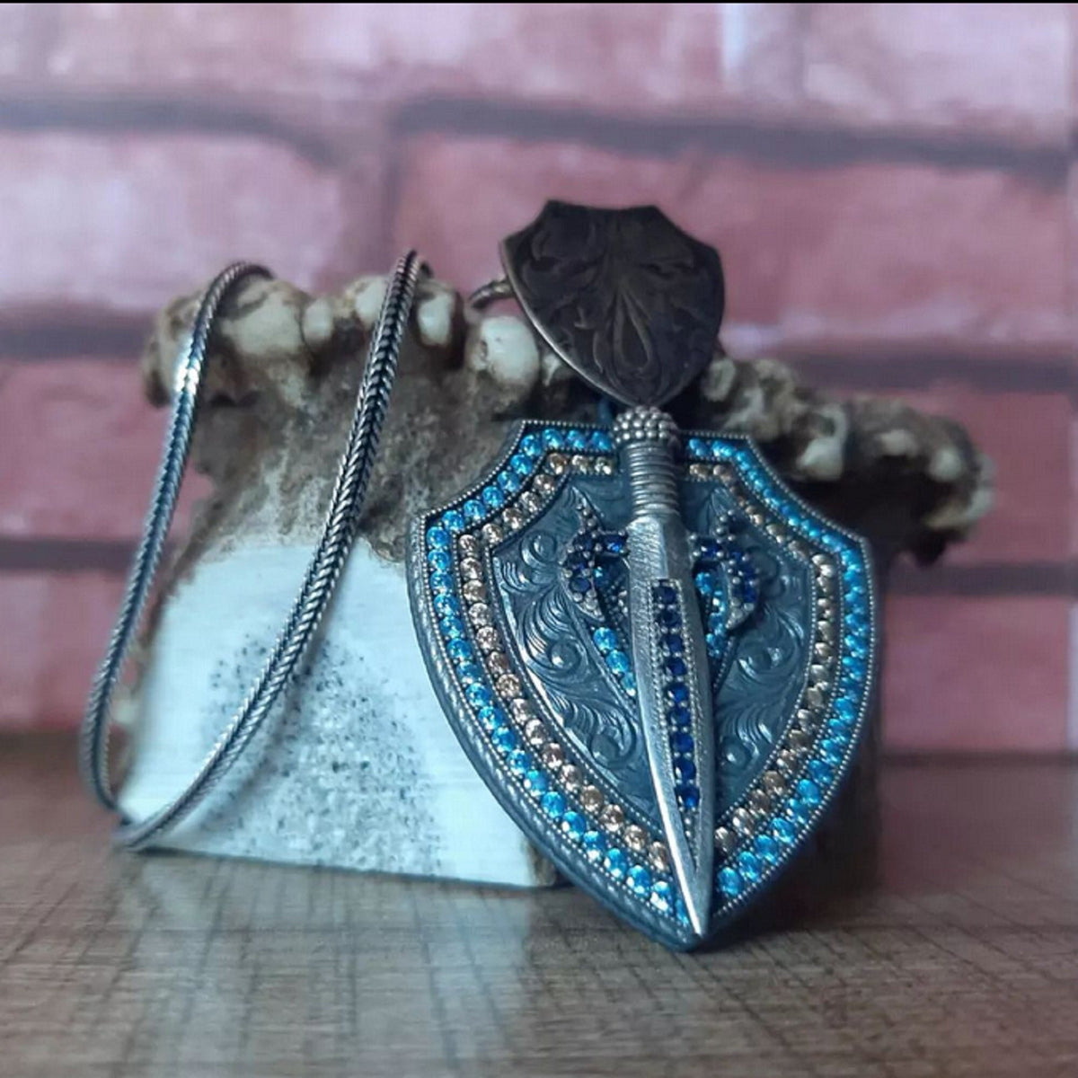 Shield medallion necklace with sword and blue zircon in 925 sterling silver