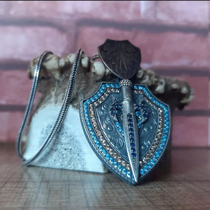 Shield medallion necklace with sword and blue zircon in 925 sterling silver