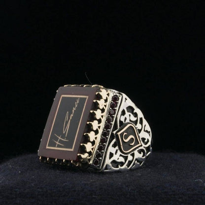 Signature Ring, Your Signature on Fire Amber, Onyx Accents in 925 sterling silver