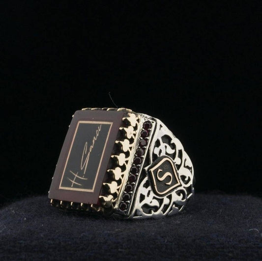 Signature Ring, Your Signature on Fire Amber, Onyx Accents in 925 sterling silver