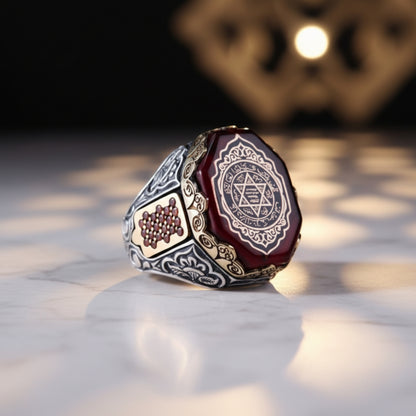Solomon Seal Red Amber Ring 925 Silver Islamic Talisman