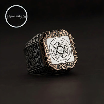 Square Seal of Solomon ring with bronze plate in 925 sterling silver
