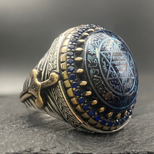 Blue Agate Ring, Solomon's Seal Sword Design in 925 sterling silver