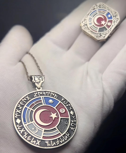 Wolf Claw Ring & Medallion Set, Gokturk Script Heritage Jewelry in 925 sterling silver