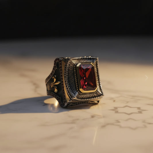 Ottoman Garnet Zircon Ring 925 Silver Handmade Men