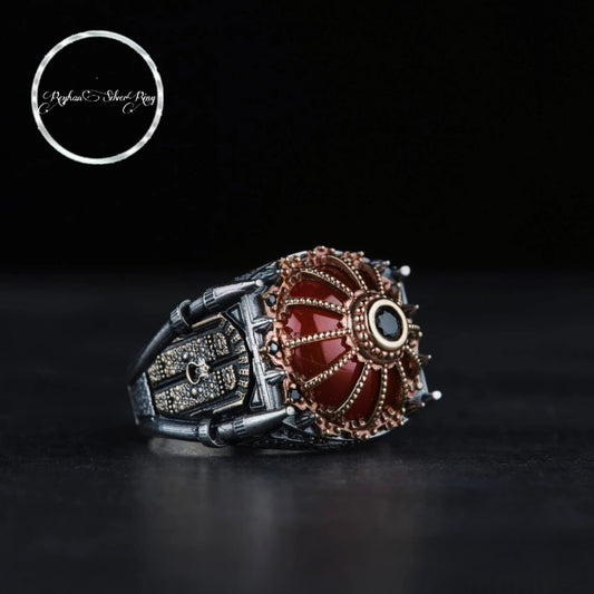 Sultan Ahmed Mosque Ring, Red Agate Dome & Surah An-Nisa 4, 103 in 925 sterling silver