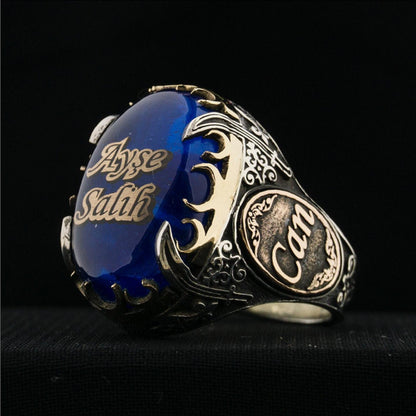 Sword & Crescent Ring, Blue Amber, Custom Name in 925 sterling silver