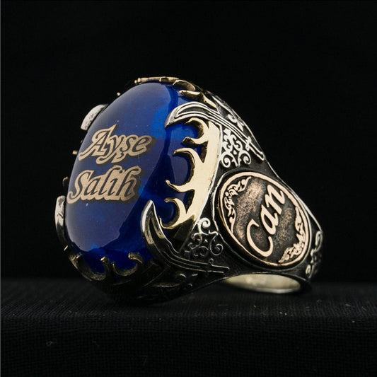 Sword & Crescent Ring, Blue Amber, Custom Name in 925 sterling silver