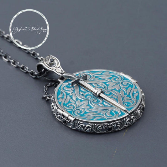 Sword locket necklace with agate and enamel in 925 sterling silver