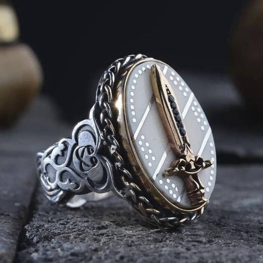 Sword men's ring with white pearl stone in 925 sterling silver