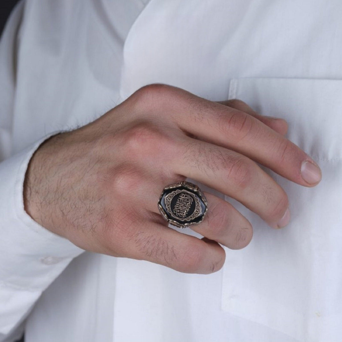 Tawhid Ring, Dark Finish with Bronze-Tone Calligraphy in 925 sterling silver