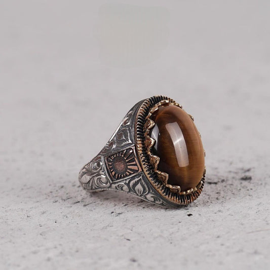 Tiger eye men's ring in 925 sterling silver