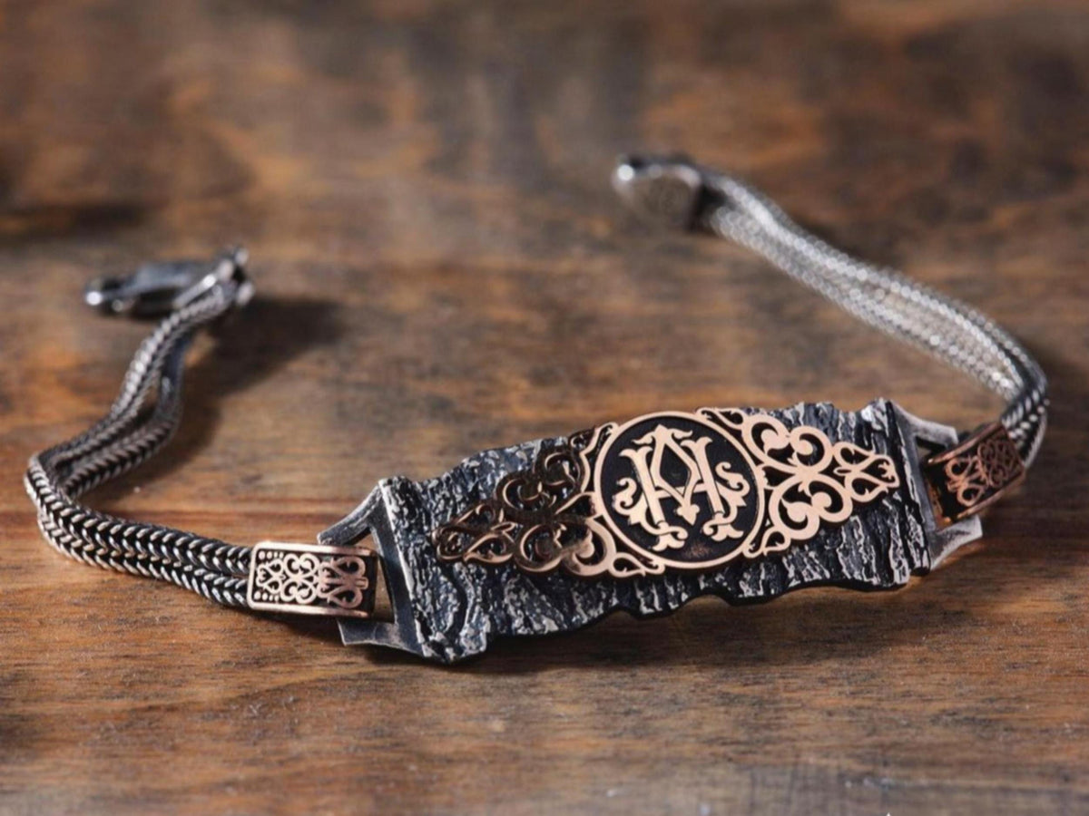 Tree bark texture initial bracelet in 925 sterling silver