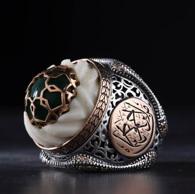 Turban men's ring with carved catalin amber in 925 sterling silver