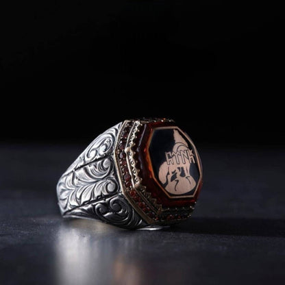 Turkish wolf men's ring with red amber and zircon in 925 sterling silver