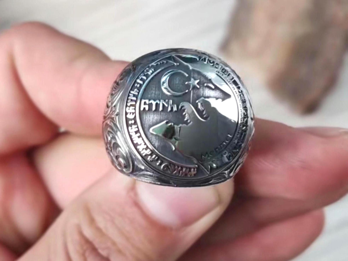 Turkish wolf ring with 16 Turkic States flags in 925 sterling silver