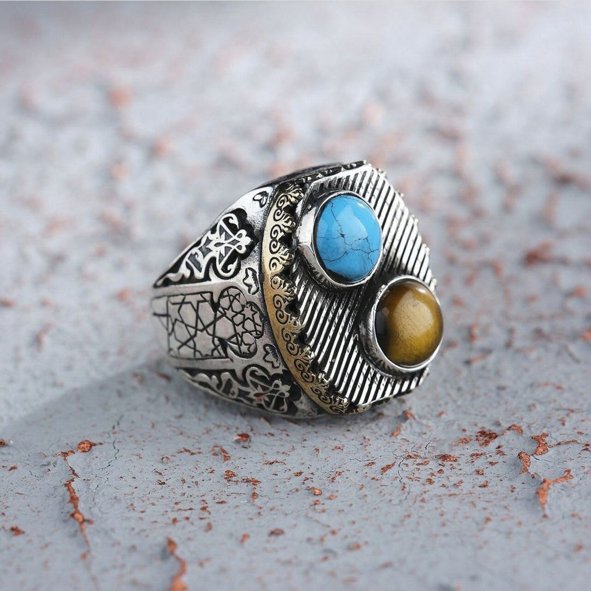 Turquoise and tiger eye double stone ring in 925 sterling silver