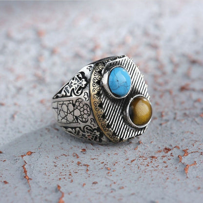 Turquoise and tiger eye double stone ring in 925 sterling silver