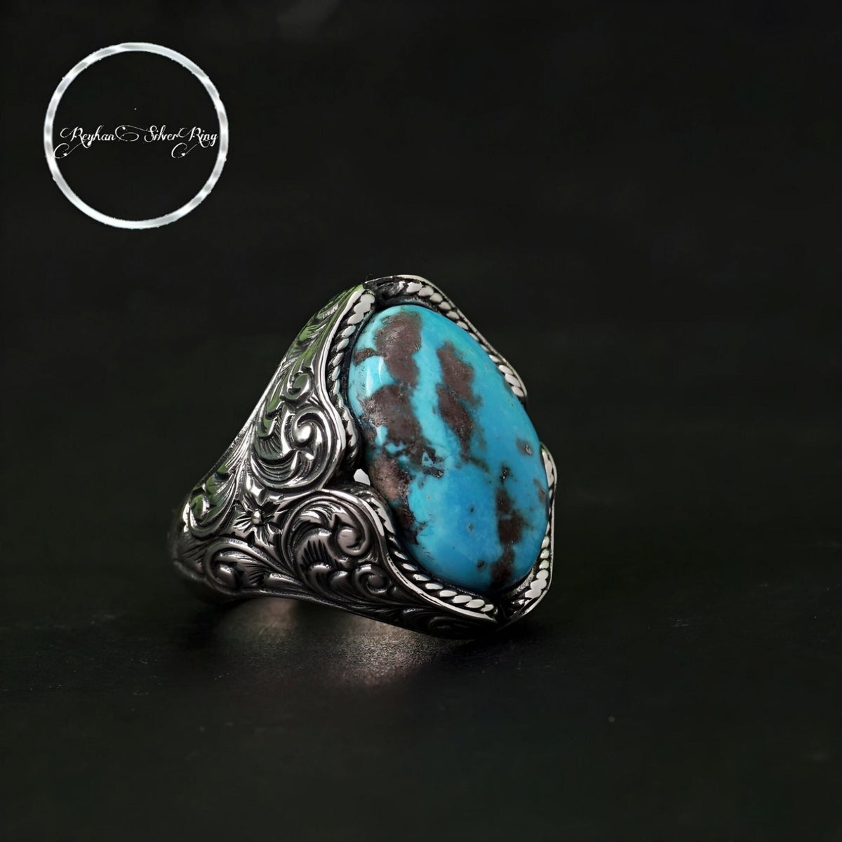 Turquoise men's ring with hand-engraved sides in 925 sterling silver